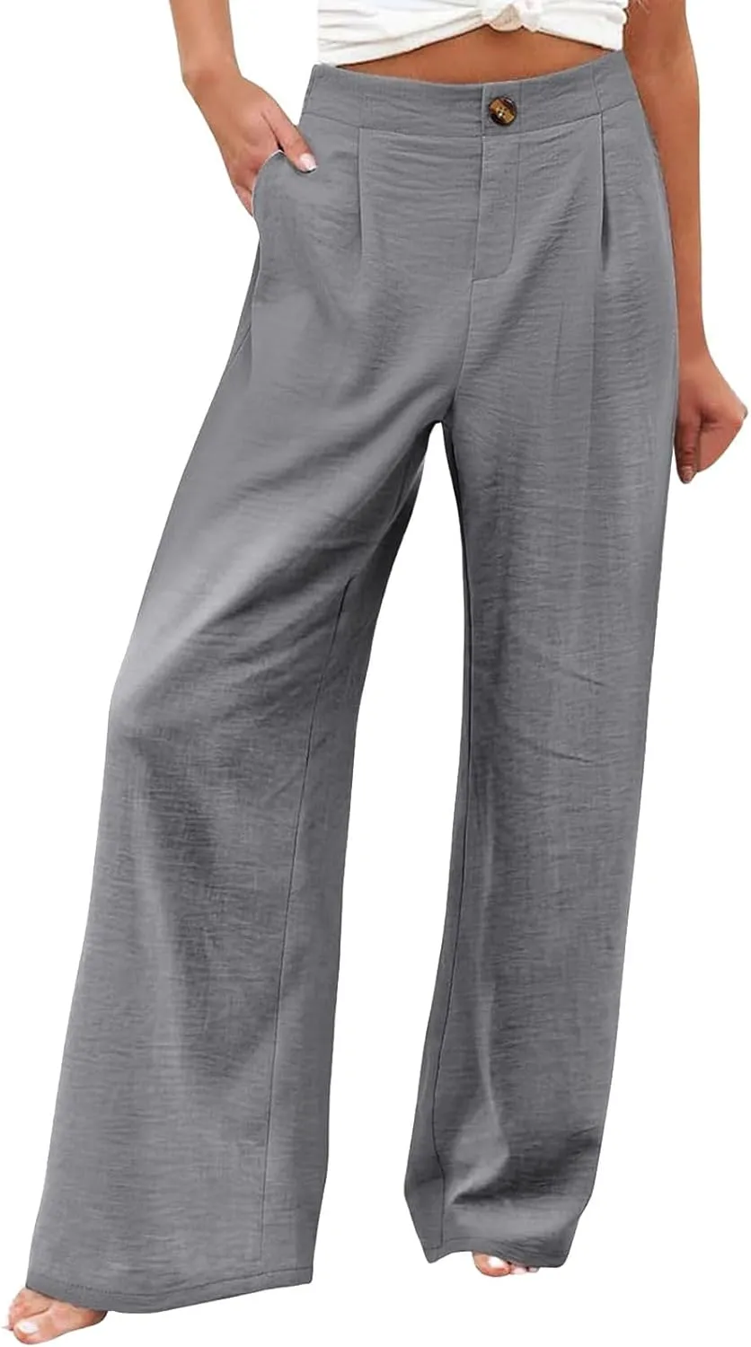 Women's Solid Color Casual High Waisted Buttoned Elastic Pocket Wide Leg Straight Dressy Loose Fit Pants