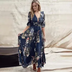 Womens Summer 2025 Casual Midi Maxi Dresses Lightweight Short Sleeve V Neck Elastic Waist Boho Beach Dress