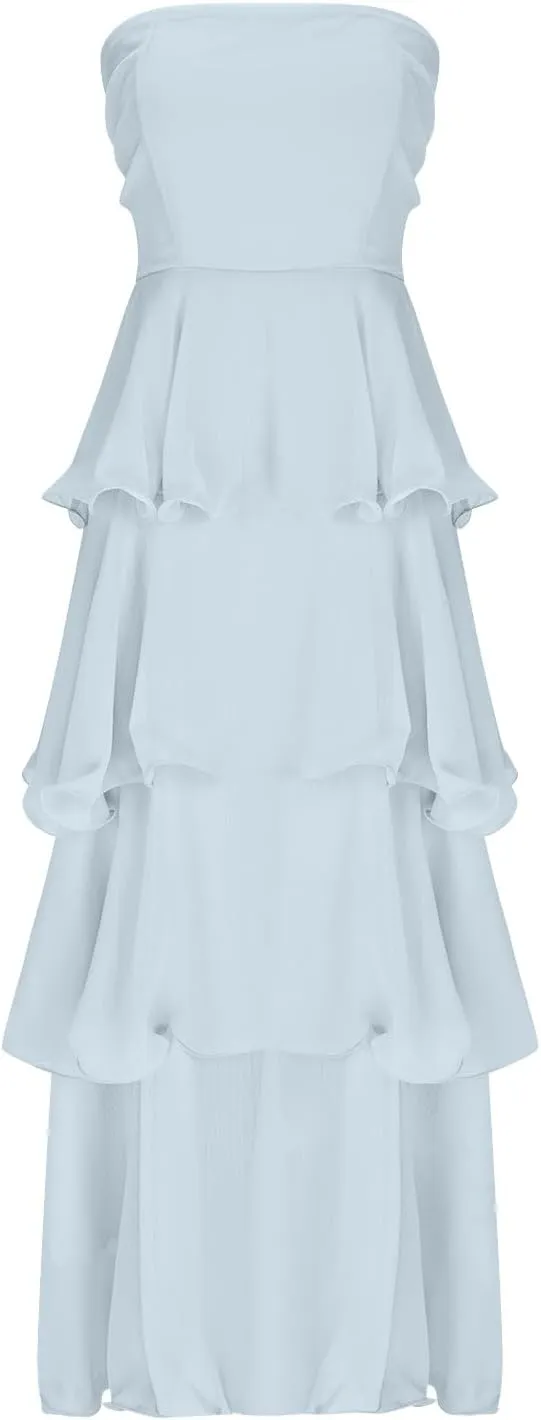 Women's Summer Boho Sleeveless Maxi Dress Off Shoulder Tube Ruffle Tiered Layered Swing Long Beach Vacation Dresses