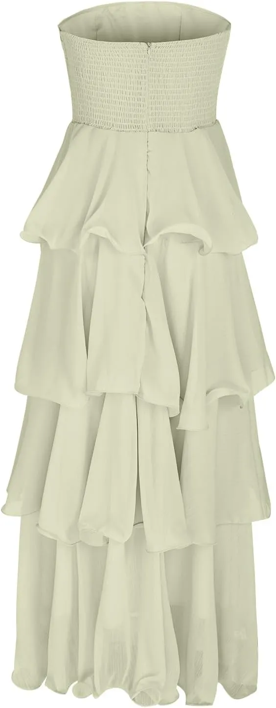 Women's Summer Boho Sleeveless Maxi Dress Off Shoulder Tube Ruffle Tiered Layered Swing Long Beach Vacation Dresses