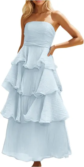 Women's Summer Boho Sleeveless Maxi Dress Off Shoulder Tube Ruffle Tiered Layered Swing Long Beach Vacation Dresses