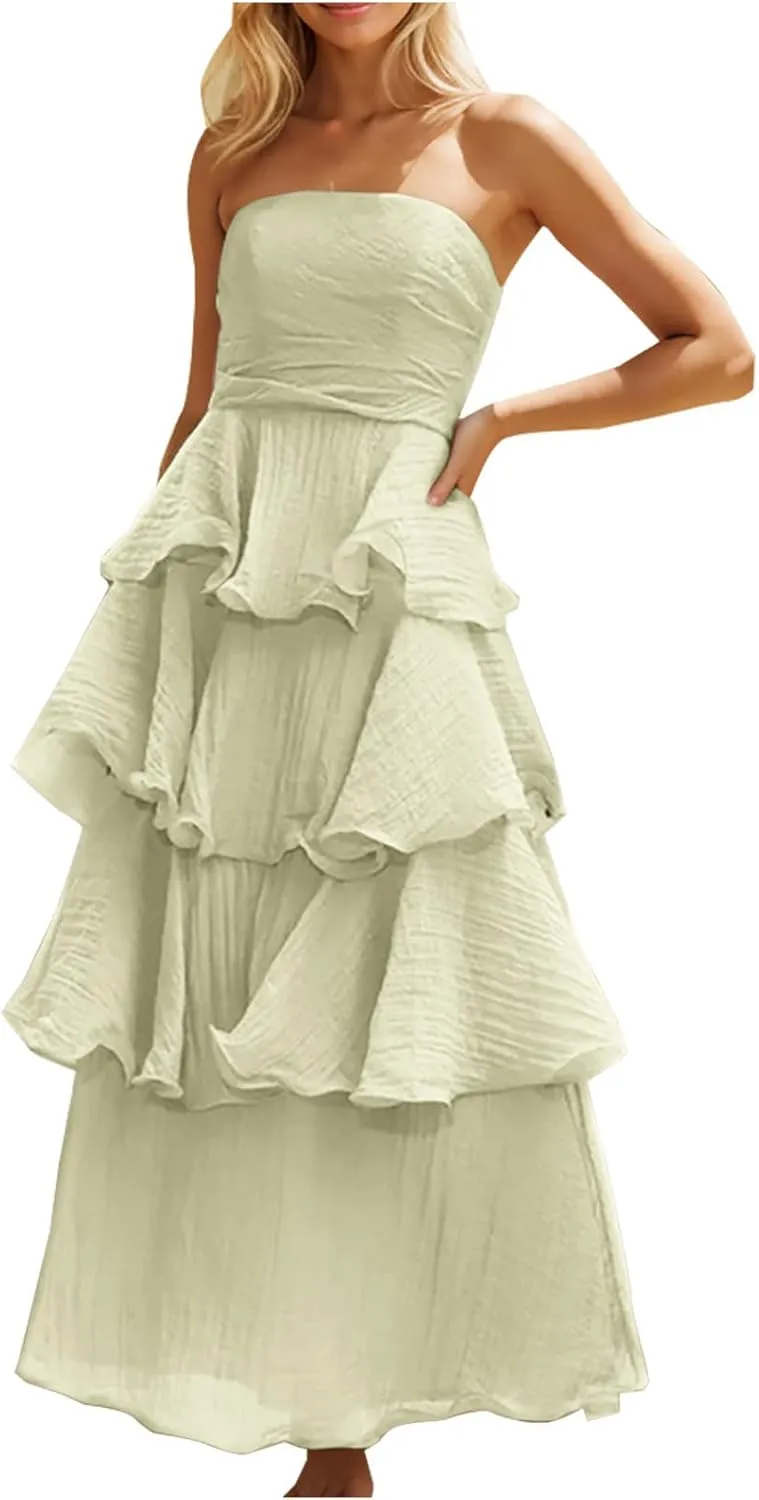 Women's Summer Boho Sleeveless Maxi Dress Off Shoulder Tube Ruffle Tiered Layered Swing Long Beach Vacation Dresses