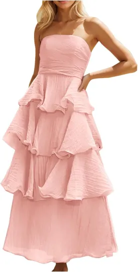 Women's Summer Boho Sleeveless Maxi Dress Off Shoulder Tube Ruffle Tiered Layered Swing Long Beach Vacation Dresses
