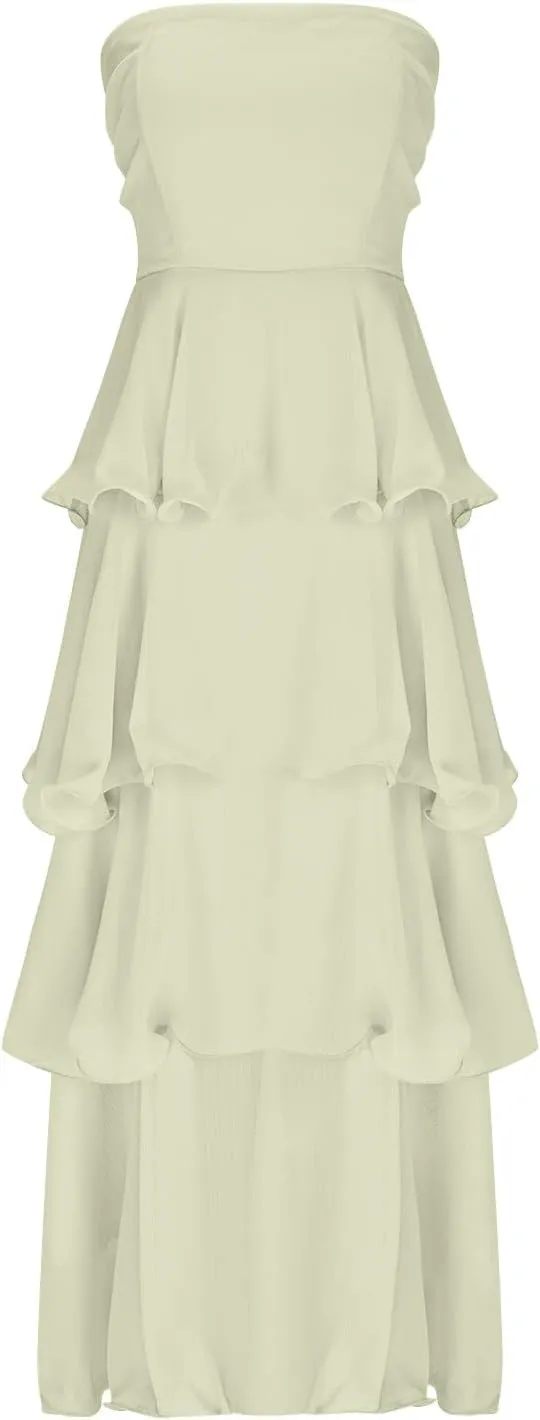 Women's Summer Boho Sleeveless Maxi Dress Off Shoulder Tube Ruffle Tiered Layered Swing Long Beach Vacation Dresses