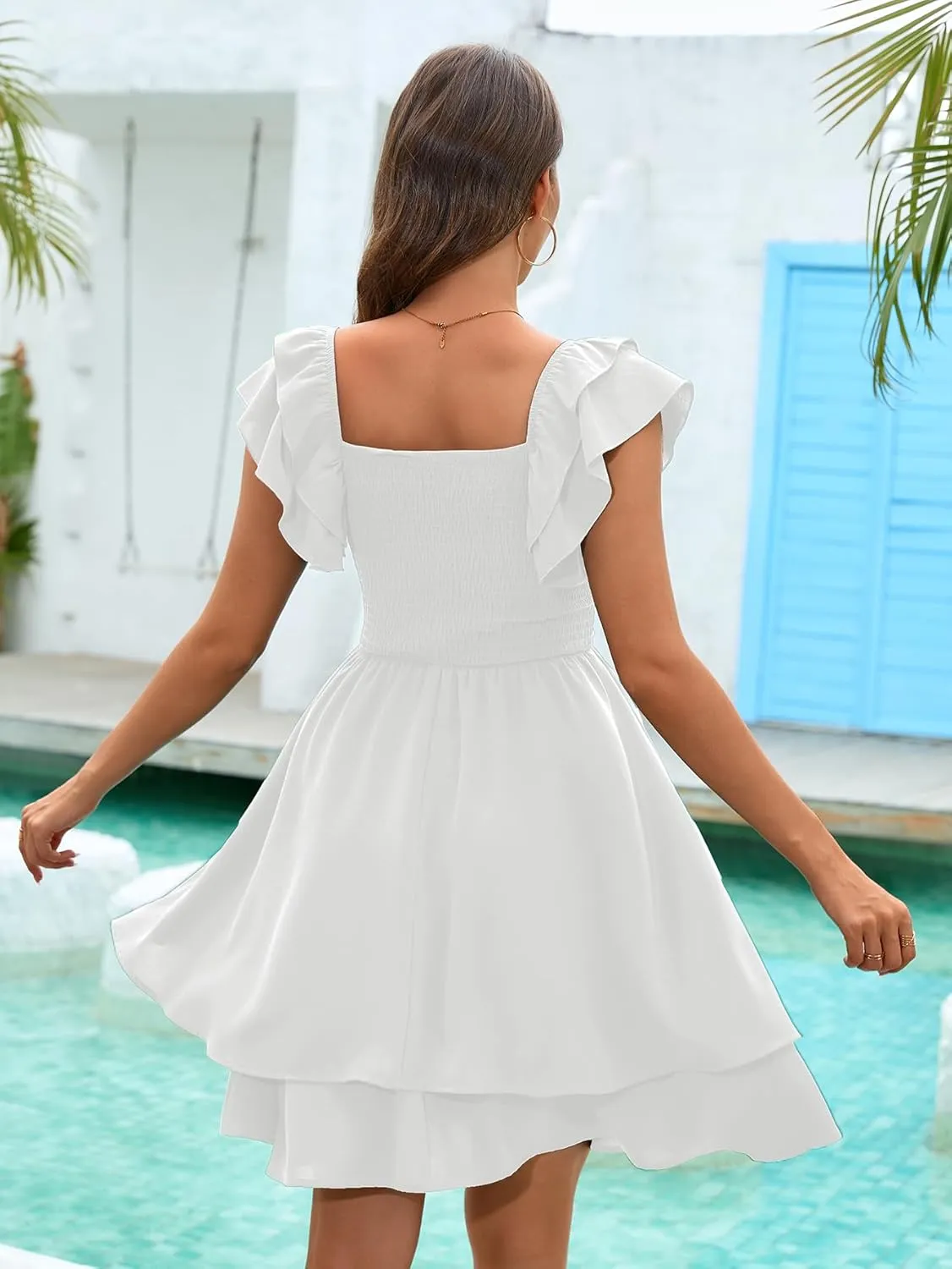 Women's Summer Dress Casual Wrap V Neck Flutter Sleeve Double Layer Ruffle Wedding Guest Short Mini Dresses