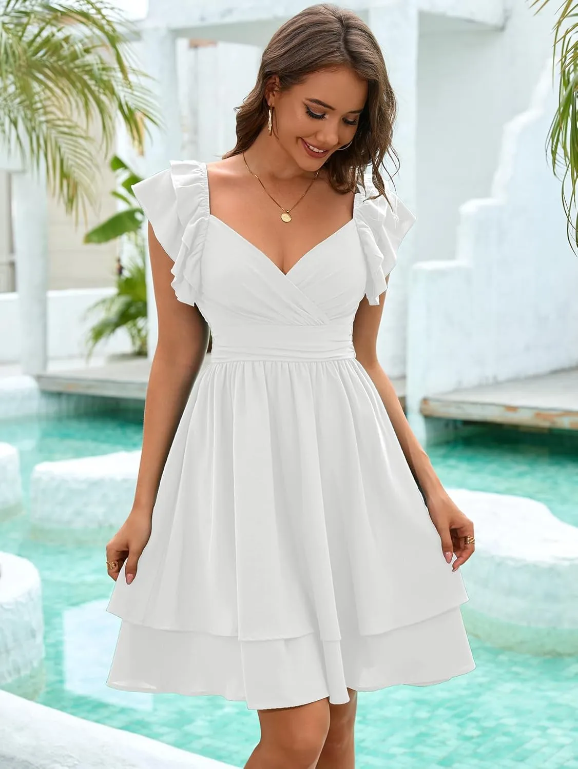 Women's Summer Dress Casual Wrap V Neck Flutter Sleeve Double Layer Ruffle Wedding Guest Short Mini Dresses