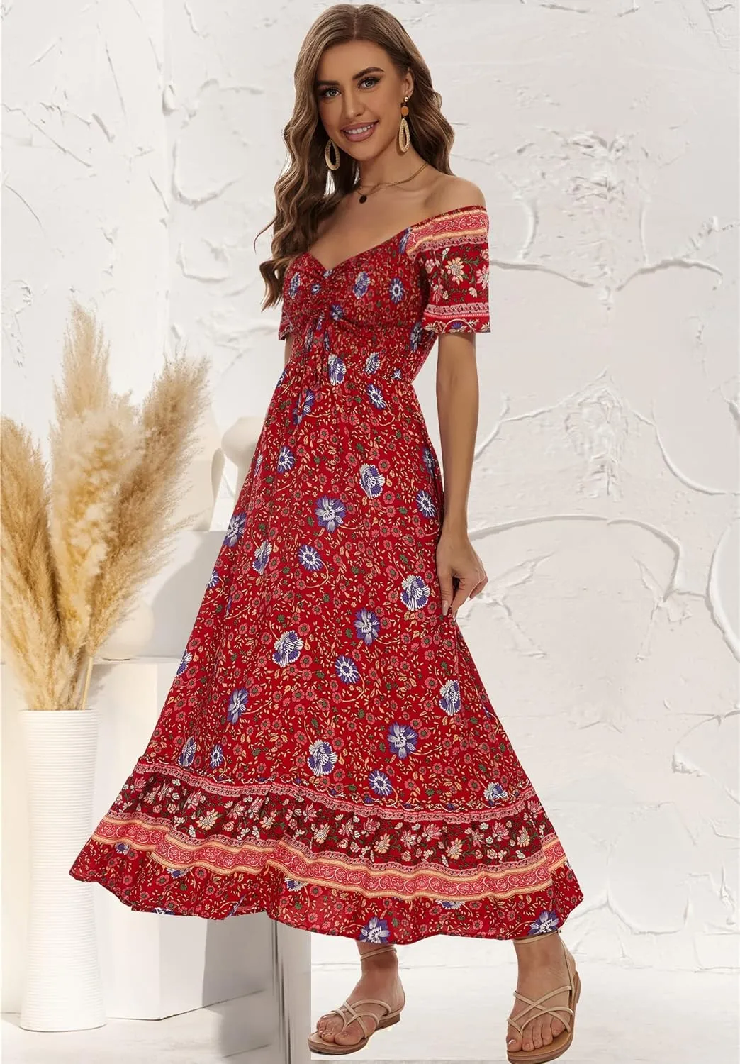 Women's Summer Floral Maxi Dress Casual Short Sleeve Flowy Boho Beach Party Long Dress