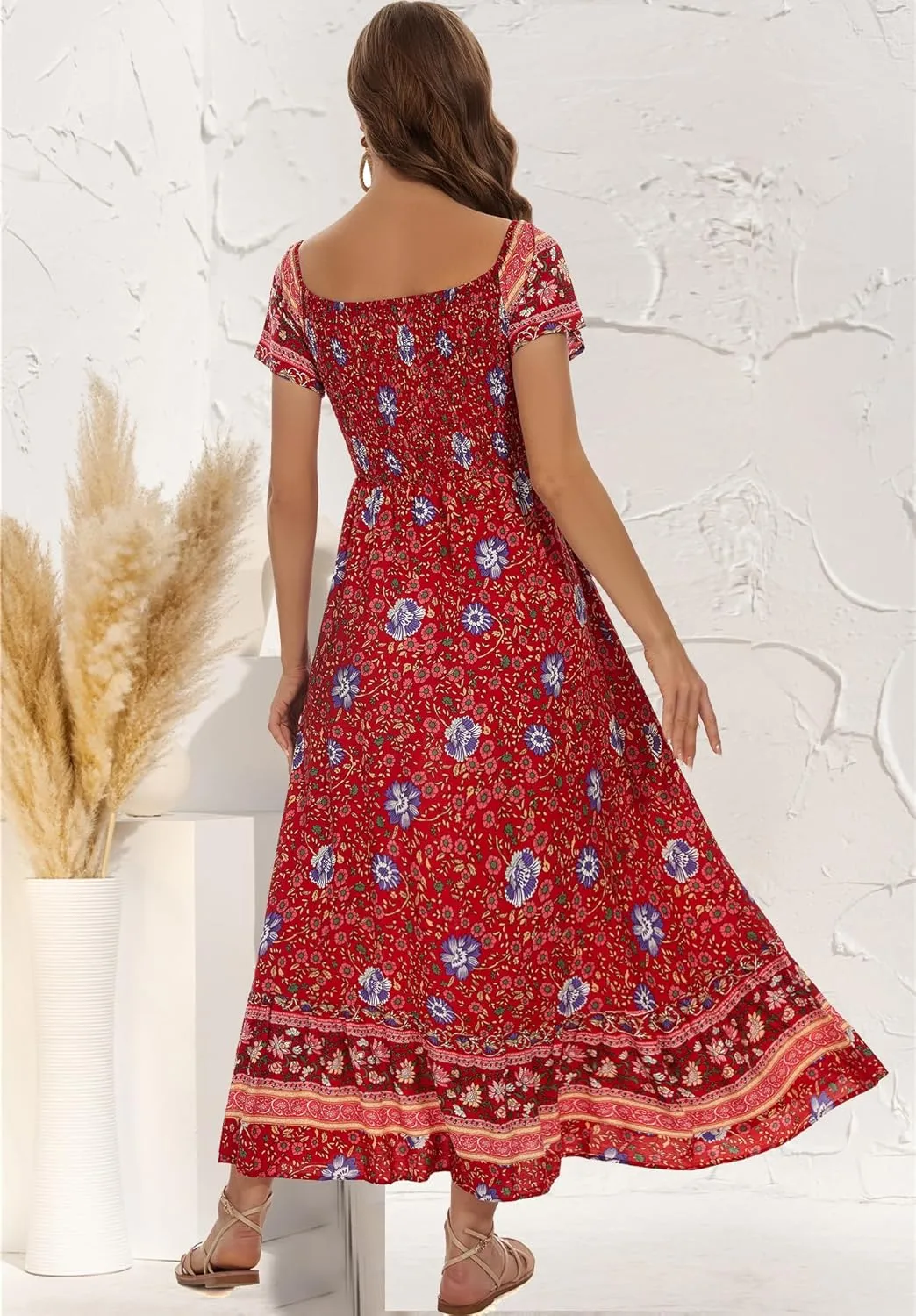 Women's Summer Floral Maxi Dress Casual Short Sleeve Flowy Boho Beach Party Long Dress