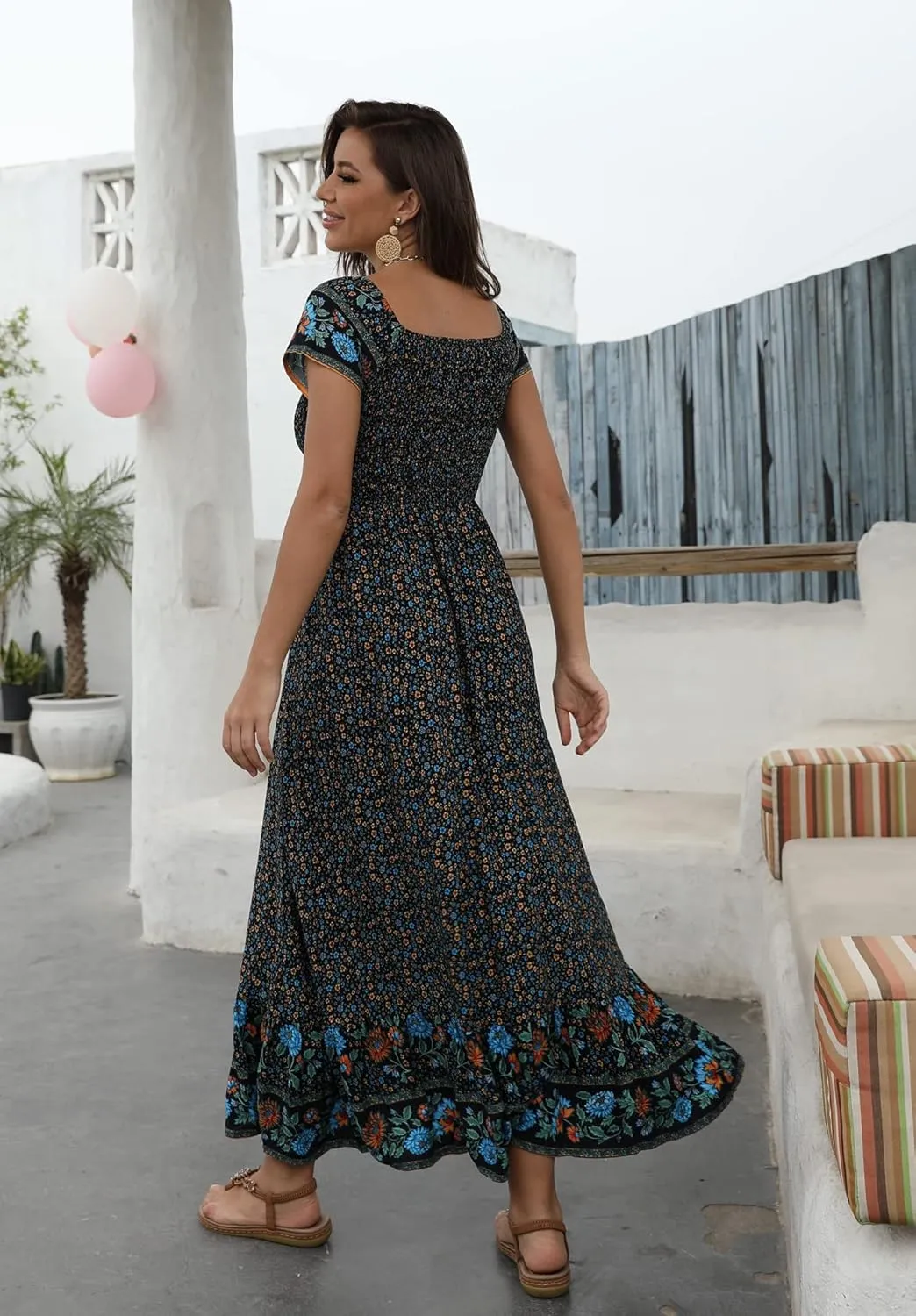 Women's Summer Floral Maxi Dress Casual Short Sleeve Flowy Boho Beach Party Long Dress