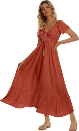 Women's Summer Floral Maxi Dress Casual Short Sleeve Flowy Boho Beach Party Long Dress