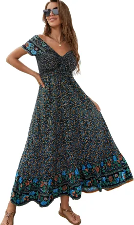 Women's Summer Floral Maxi Dress Casual Short Sleeve Flowy Boho Beach Party Long Dress
