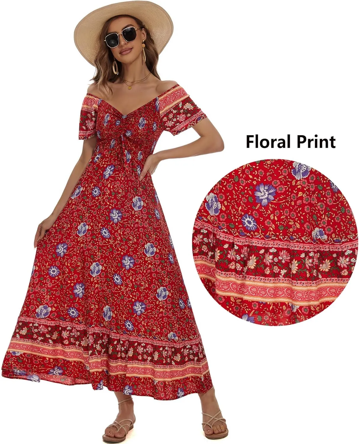 Women's Summer Floral Maxi Dress Casual Short Sleeve Flowy Boho Beach Party Long Dress