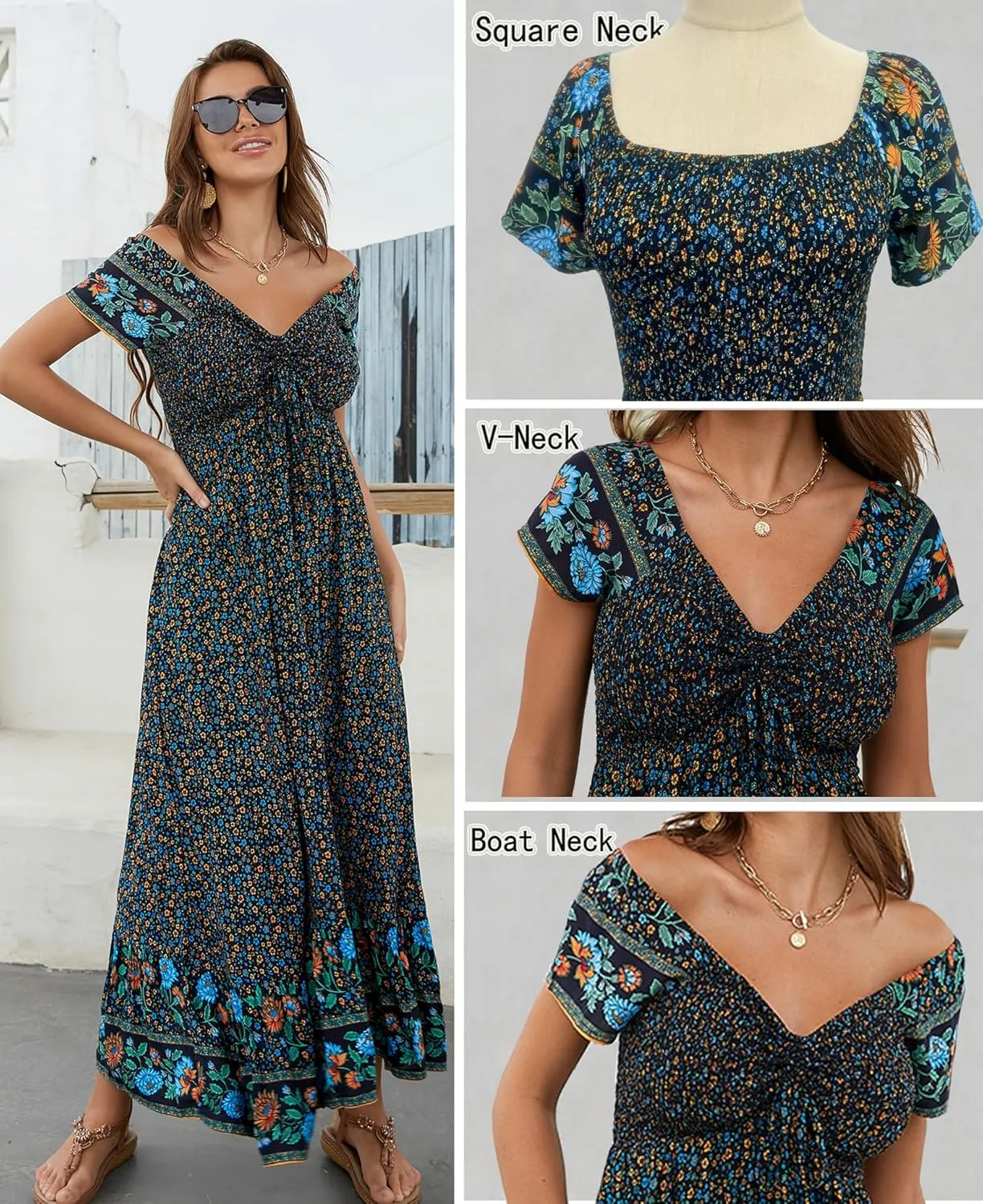 Women's Summer Floral Maxi Dress Casual Short Sleeve Flowy Boho Beach Party Long Dress
