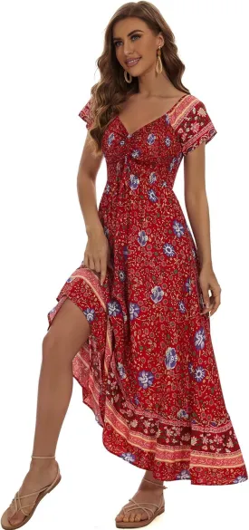 Women's Summer Floral Maxi Dress Casual Short Sleeve Flowy Boho Beach Party Long Dress