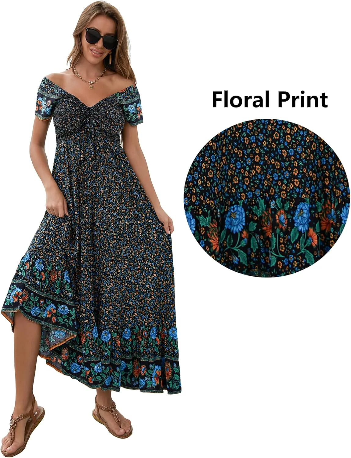 Women's Summer Floral Maxi Dress Casual Short Sleeve Flowy Boho Beach Party Long Dress