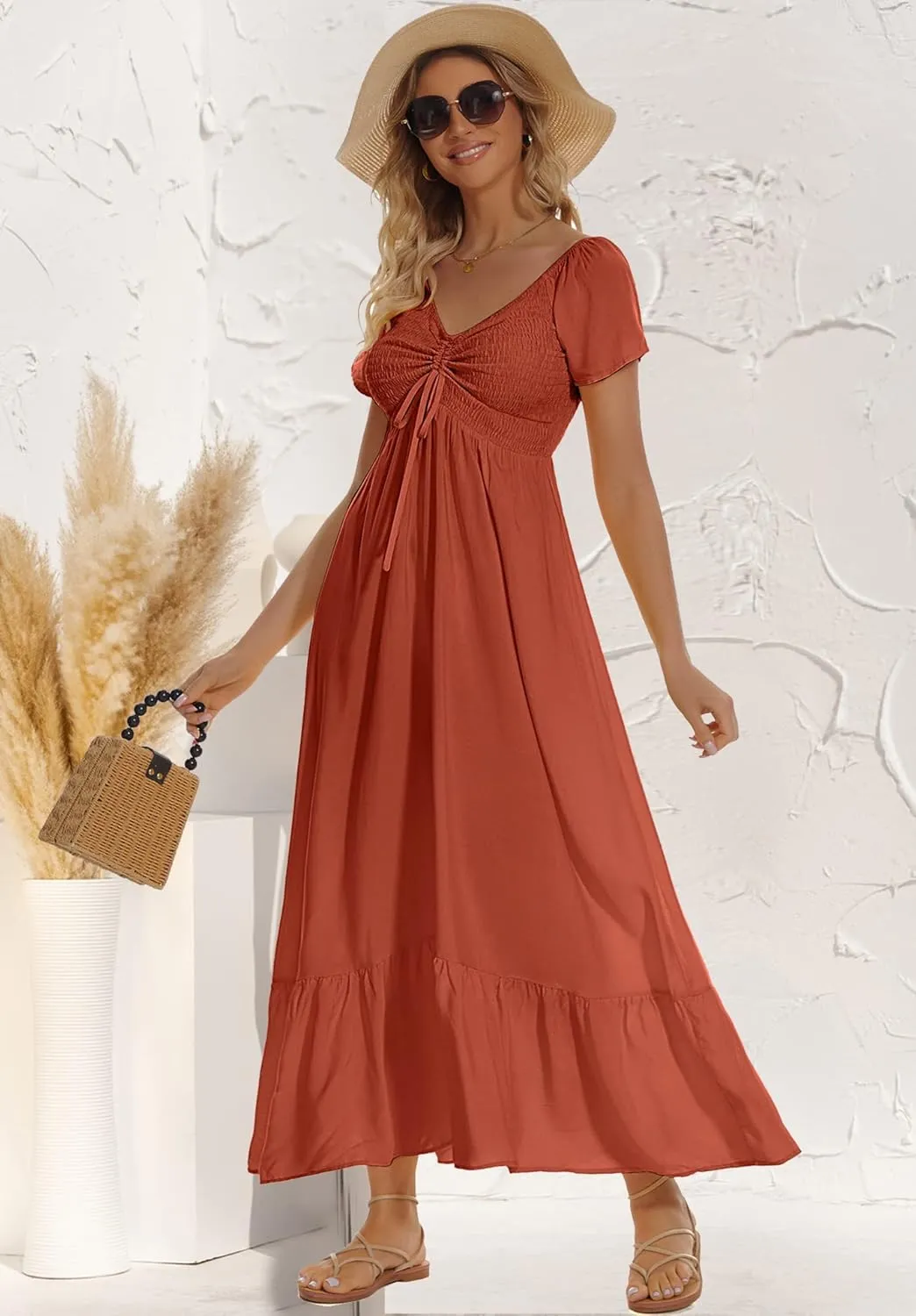 Women's Summer Floral Maxi Dress Casual Short Sleeve Flowy Boho Beach Party Long Dress