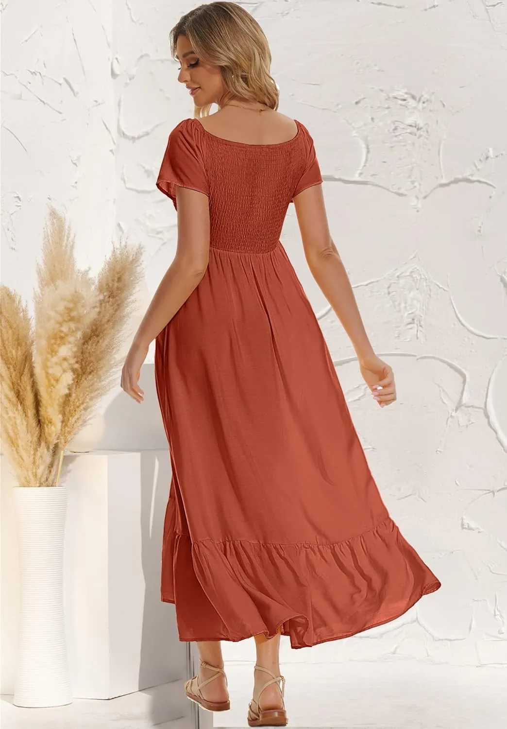 Women's Summer Floral Maxi Dress Casual Short Sleeve Flowy Boho Beach Party Long Dress