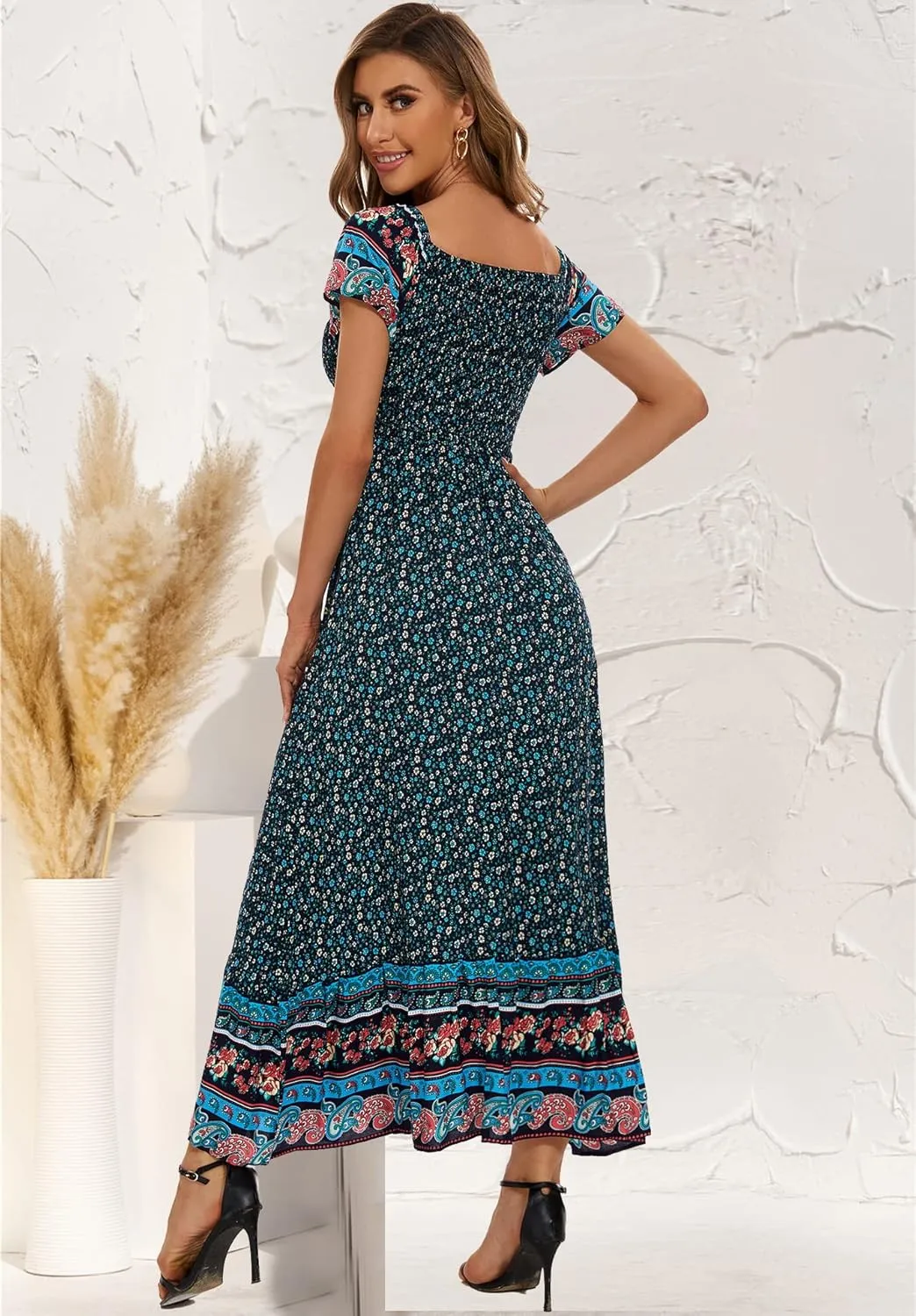 Women's Summer Floral Maxi Dress Casual Short Sleeve Flowy Boho Beach Party Long Dress