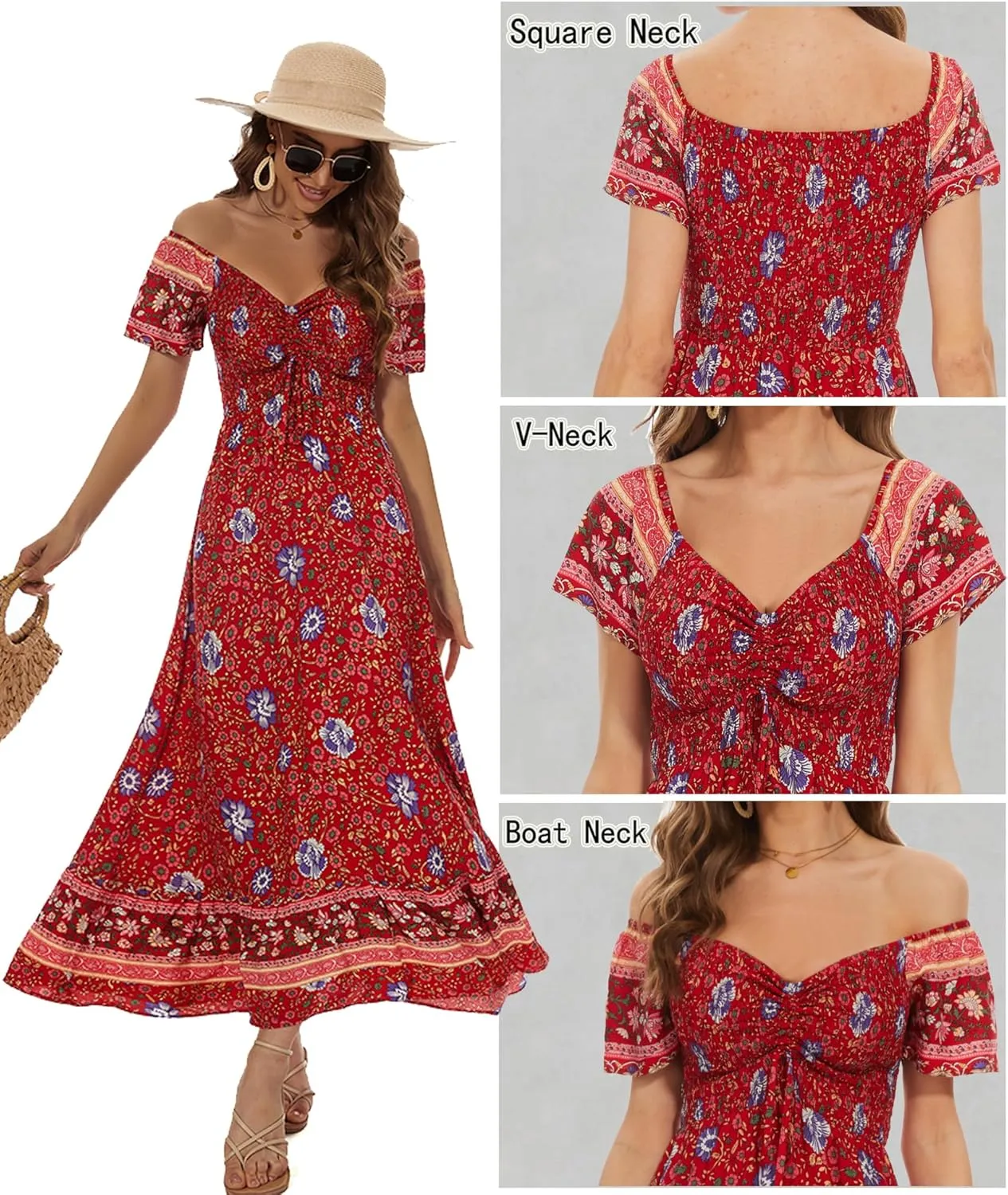 Women's Summer Floral Maxi Dress Casual Short Sleeve Flowy Boho Beach Party Long Dress