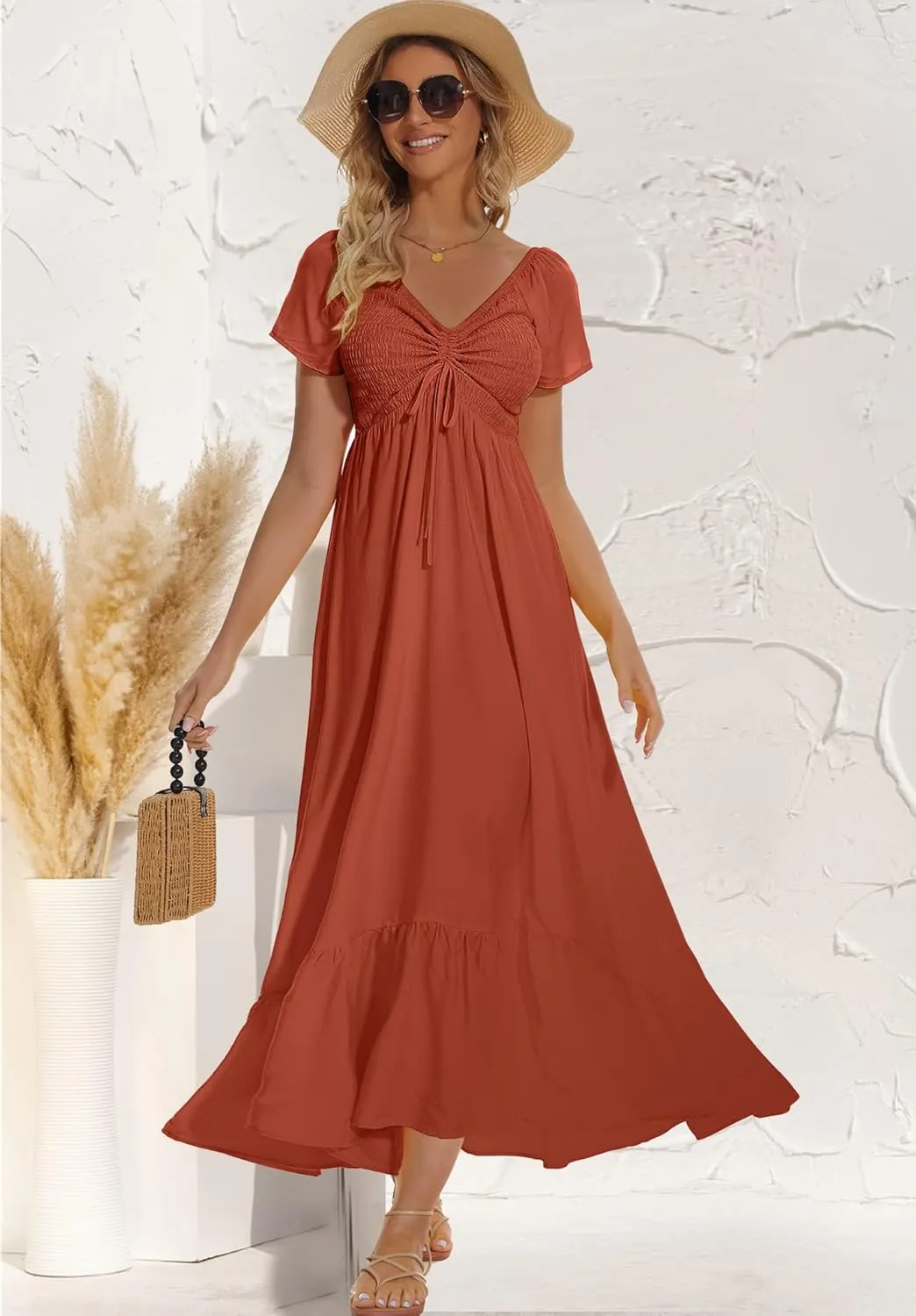 Women's Summer Floral Maxi Dress Casual Short Sleeve Flowy Boho Beach Party Long Dress
