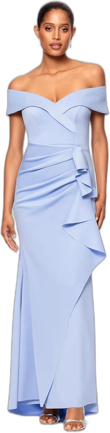 Xscape Women's Long Off Shoulder Sweetheart Neck Side Ruffle Gown