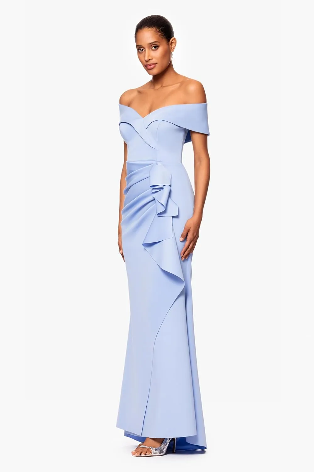 Xscape Women's Long Off Shoulder Sweetheart Neck Side Ruffle Gown