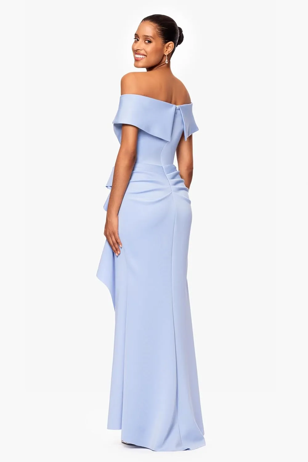 Xscape Women's Long Off Shoulder Sweetheart Neck Side Ruffle Gown
