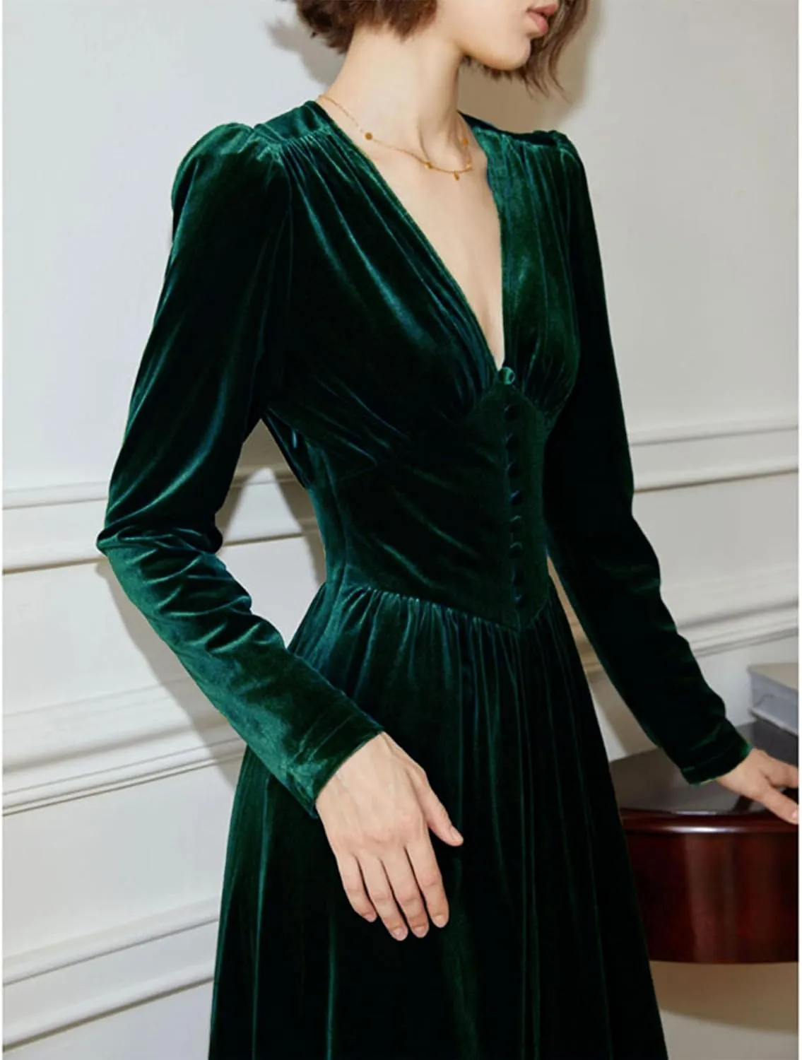 xxxiticat Women's Puff Sleeve Velvet Dress Long Lantern Sleeve V Neck Button Ruffle Pleated Single Breasted Maxi Party Dress