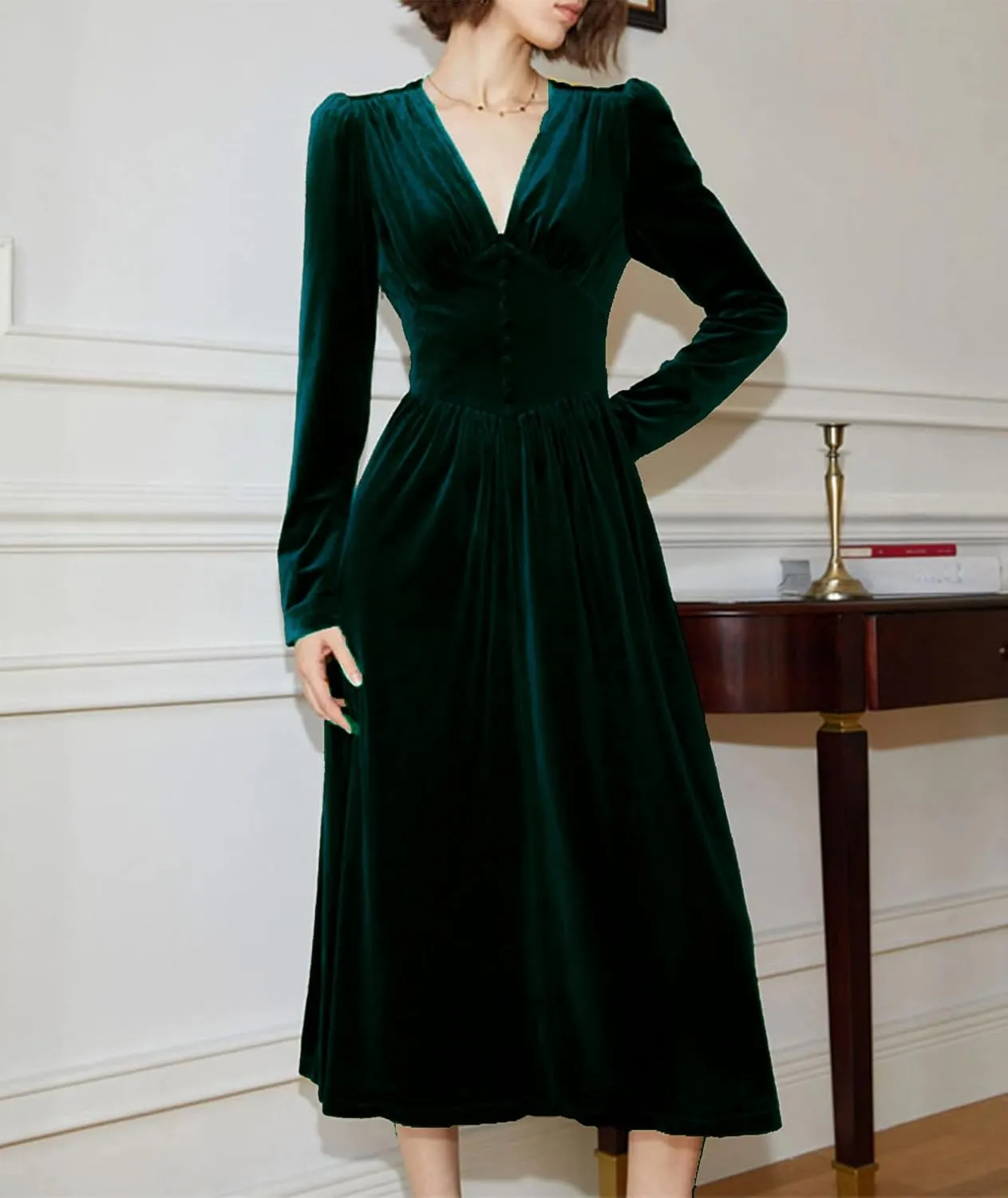 xxxiticat Women's Puff Sleeve Velvet Dress Long Lantern Sleeve V Neck Button Ruffle Pleated Single Breasted Maxi Party Dress