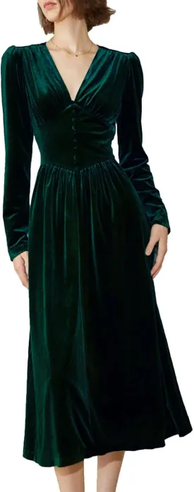 xxxiticat Women's Puff Sleeve Velvet Dress Long Lantern Sleeve V Neck Button Ruffle Pleated Single Breasted Maxi Party Dress