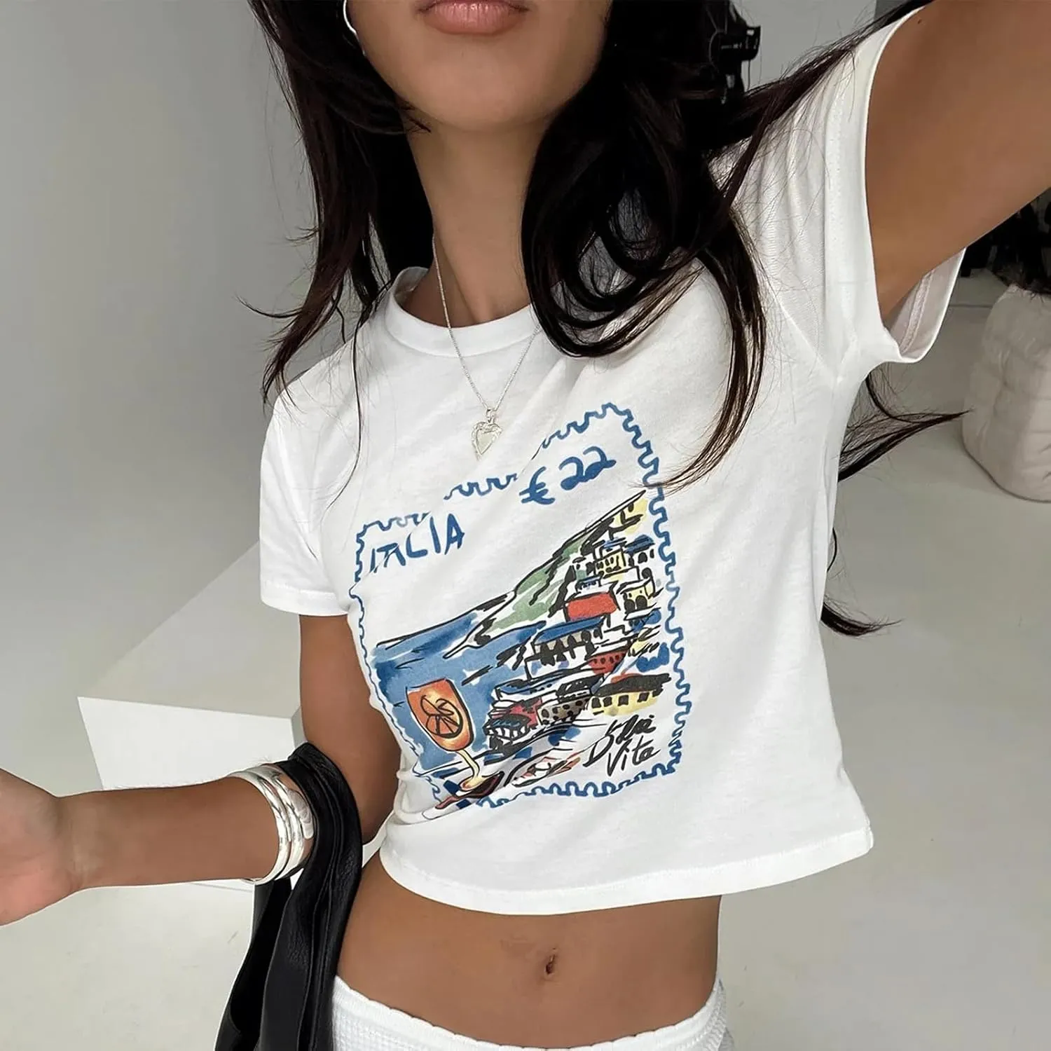 Y2K Retro Graphic Baby Tees Women Short Sleeve Slim Fit T Shirt 90s Summer Trendy Vintage Aesthetic Cropped Top