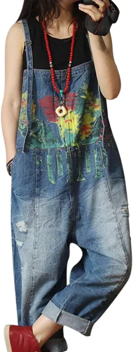YESNO P60 Women Jeans Cropped Pants Overalls Jumpsuits Hand Painted Poled Distressed Casual Loose Fit