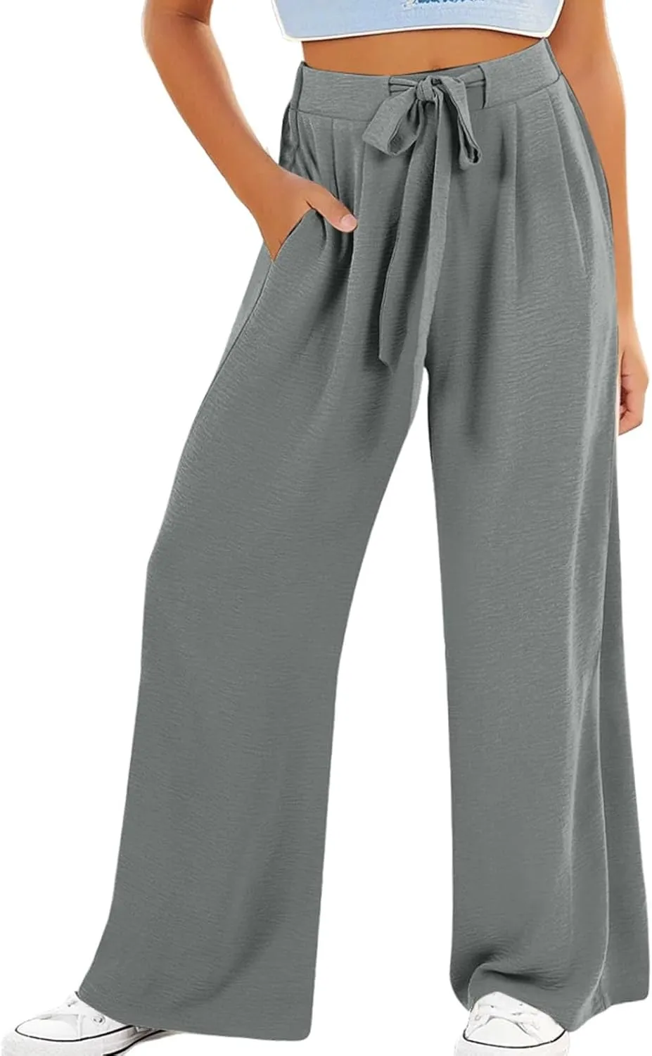 Youth Girls Palazzo Cotton Linen Long Pants Baggy Wide Leg High Waist Drawstring Long Trousers 2025 Summer Bottoms