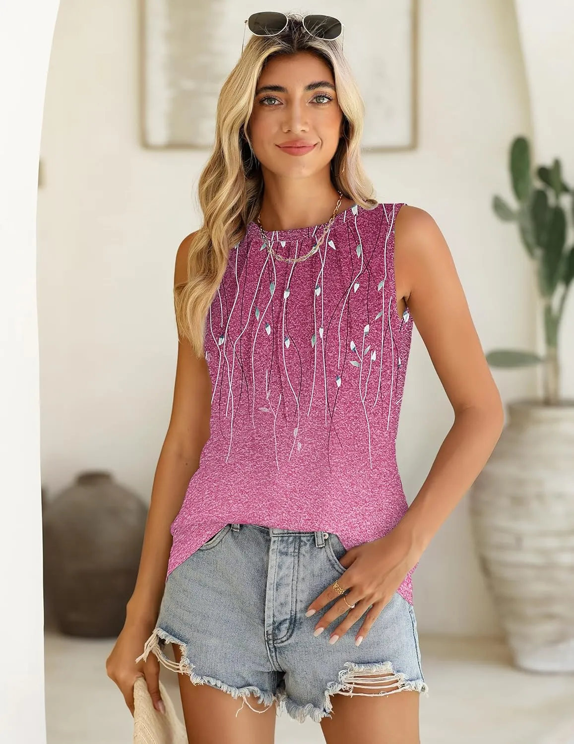 Zeagoo Summer Tank Top for Women 2025 Pleated High Neck Tops Loose Fit Flowy Dressy Tunic Sleeveless Shirts