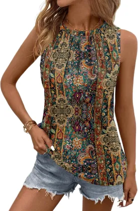Zeagoo Summer Tank Top for Women 2025 Pleated High Neck Tops Loose Fit Flowy Dressy Tunic Sleeveless Shirts