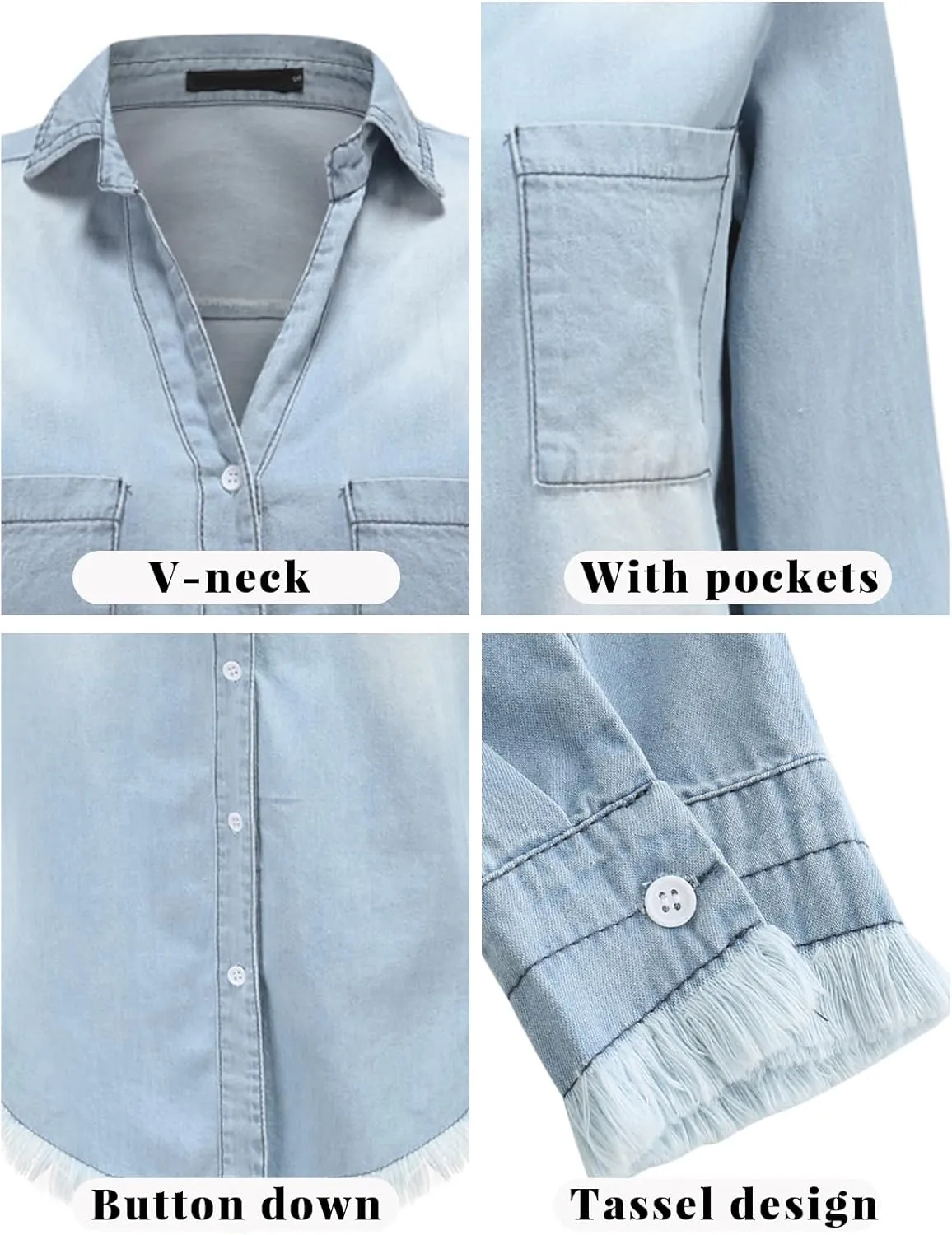 Zilcremo Women Denim Shirt Dresses Long Sleeve Distressed Jean Dress Button Down Casual Tunic Top