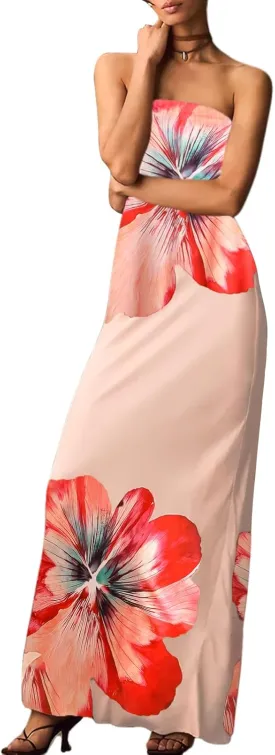 Zwirelz Women Strapless Maxi Dress Boho Floral Print Flowy Long Tube Dress Off Shoulder Loose Beach Sundress Long Tube Dress
