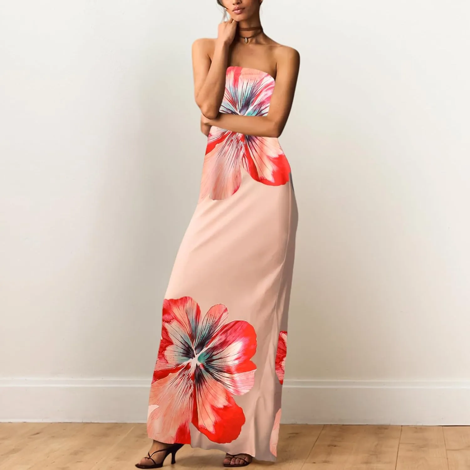 Zwirelz Women Strapless Maxi Dress Boho Floral Print Flowy Long Tube Dress Off Shoulder Loose Beach Sundress Long Tube Dress