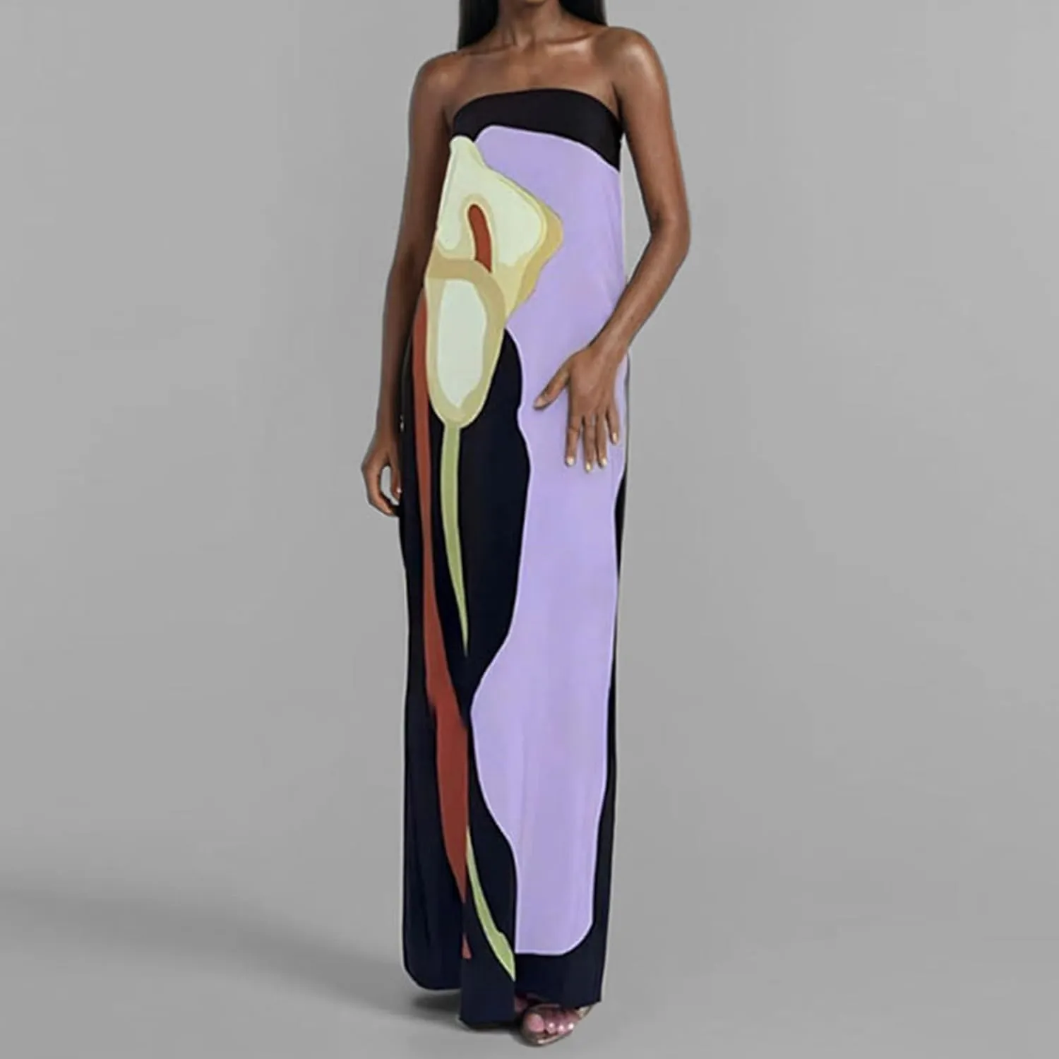 Zwirelz Women Strapless Maxi Dress Boho Floral Print Flowy Long Tube Dress Off Shoulder Loose Beach Sundress Long Tube Dress