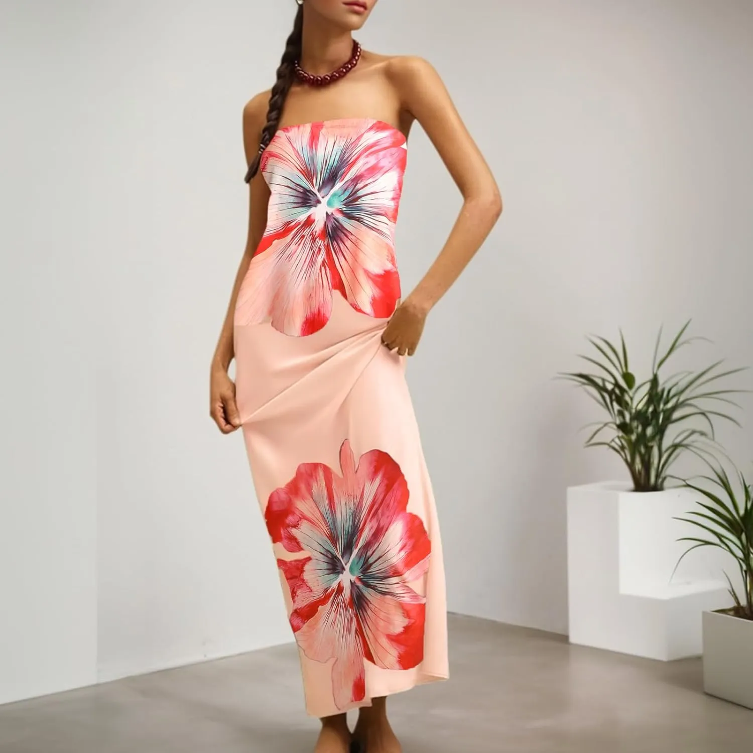 Zwirelz Women Strapless Maxi Dress Boho Floral Print Flowy Long Tube Dress Off Shoulder Loose Beach Sundress Long Tube Dress