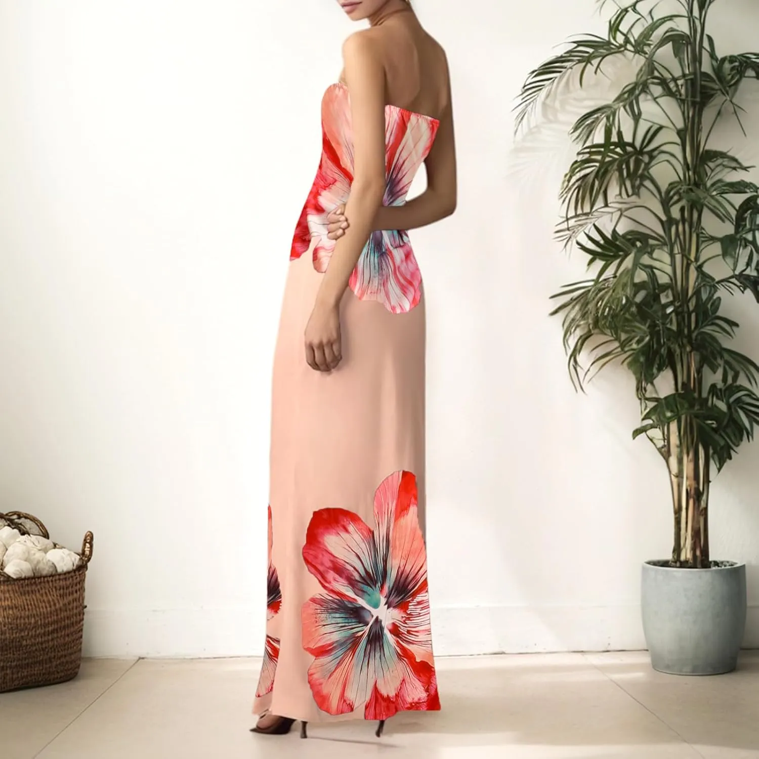 Zwirelz Women Strapless Maxi Dress Boho Floral Print Flowy Long Tube Dress Off Shoulder Loose Beach Sundress Long Tube Dress
