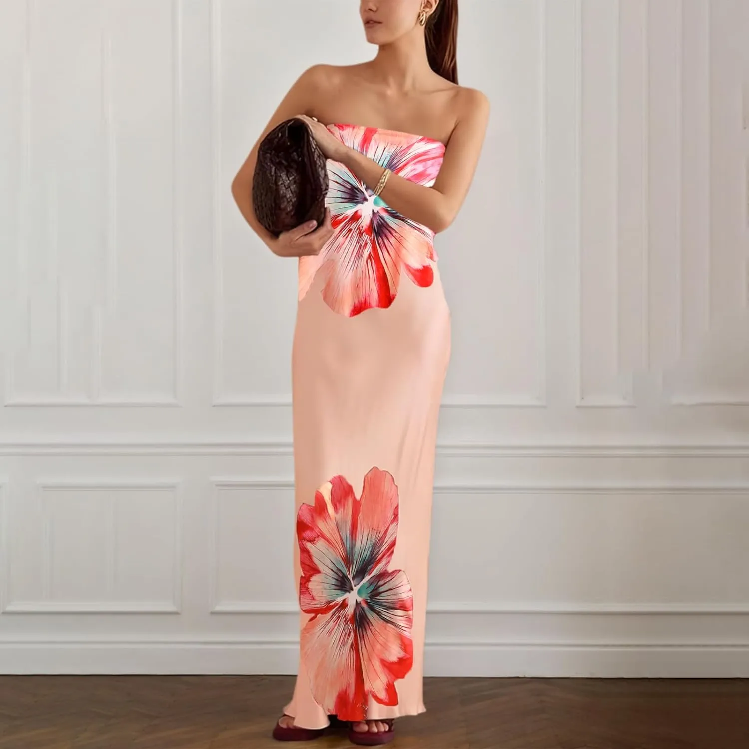 Zwirelz Women Strapless Maxi Dress Boho Floral Print Flowy Long Tube Dress Off Shoulder Loose Beach Sundress Long Tube Dress